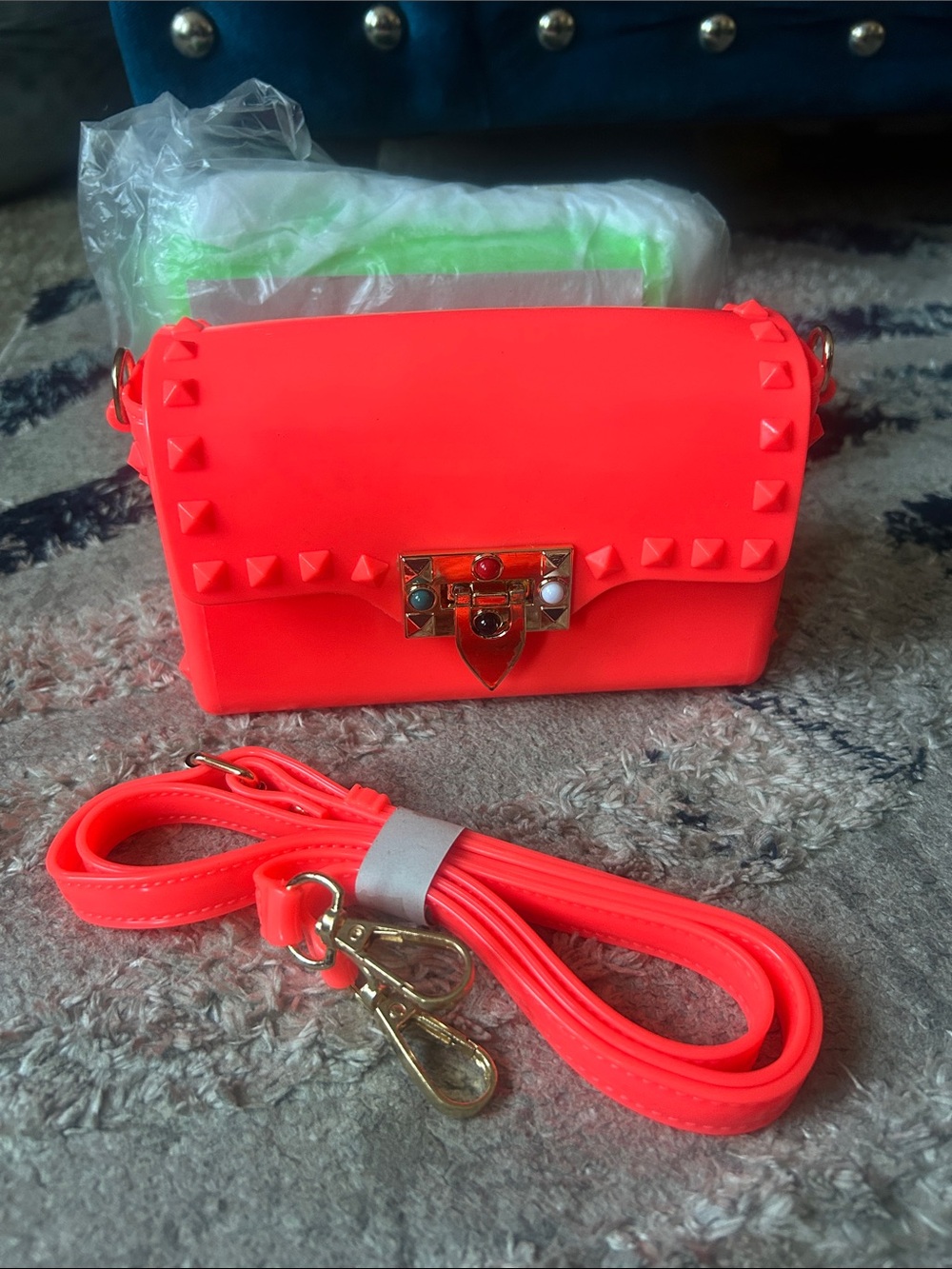 Neon Coral Studded Crossbody Bag with Gem-Embellished Lock
